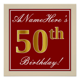 Elegant, rood, Faux Gold 50th Birthday; Naam op ma Poster