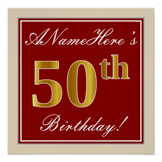 Elegant, rood, Faux Gold 50th Birthday; Naam op ma Poster (Voorkant)