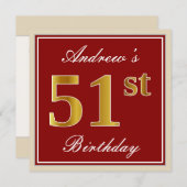 Elegant, rood, Faux Gold 51st verjaardag; Naam op Kaart (Voorkant / Achterkant)