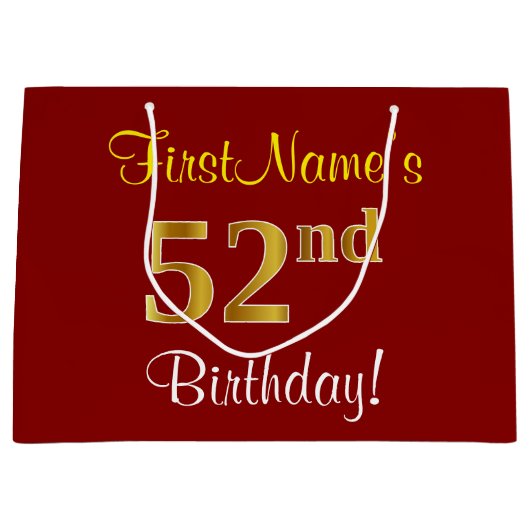 Elegant, rood, Faux Gold 52e verjaardag; Naam op m Groot Cadeauzakje (Voorkant)