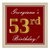 Elegant, rood, Faux Gold 53rd Birthday; Naam op ma Perfect Poster (Voorkant)