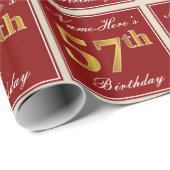 Elegant, rood, Faux Gold 57th Birthday; Naam op ma Cadeaupapier (Rol Hoek)