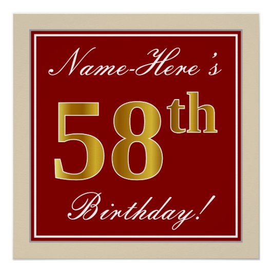 Elegant, rood, Faux Gold 58th Birthday; Naam op ma Perfect Poster (Voorkant)