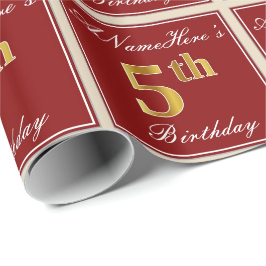 Elegant, rood, Faux Gold 5th Birthday + aangepaste Cadeaupapier (Rol Hoek)