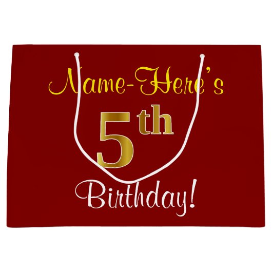 Elegant, rood, Faux Gold 5th Birthday + aangepaste Groot Cadeauzakje (Voorkant)