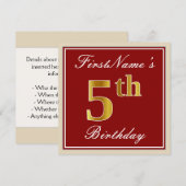 Elegant, rood, Faux Gold 5th Birthday + aangepaste Kaart (Voorkant / Achterkant)