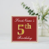 Elegant, rood, Faux Gold 5th Birthday + aangepaste Kaart (Staand voorkant)