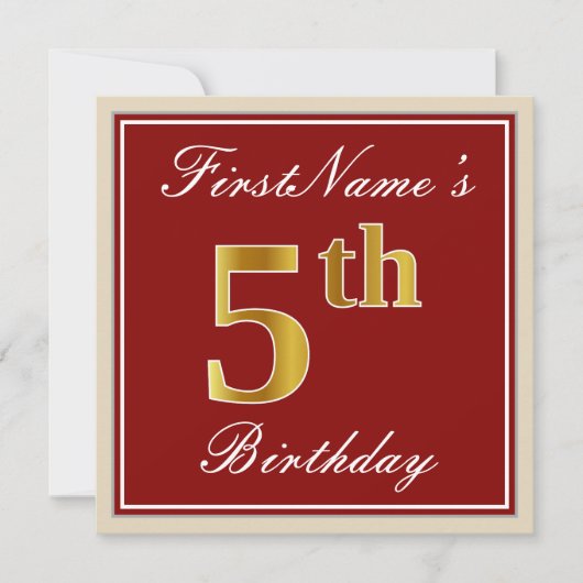 Elegant, rood, Faux Gold 5th Birthday + aangepaste Kaart (Voorkant)