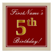 Elegant, rood, Faux Gold 5th Birthday + aangepaste Poster (Voorkant)