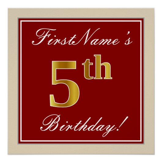 Elegant, rood, Faux Gold 5th Birthday + aangepaste Poster (Voorkant)