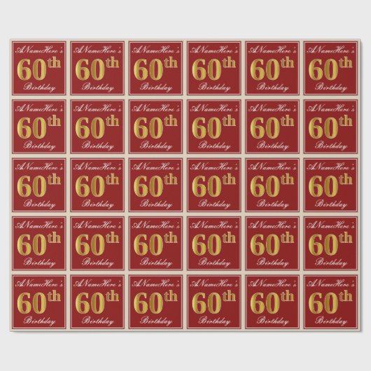 Elegant, rood, Faux Gold 60th Birthday; Naam op ma Cadeaupapier (Vlak)
