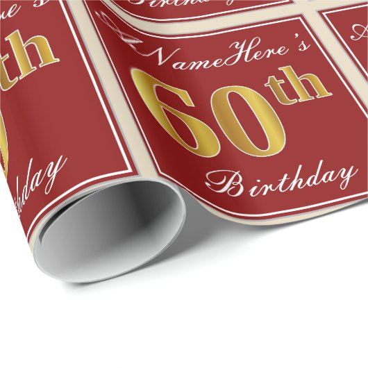 Elegant, rood, Faux Gold 60th Birthday; Naam op ma Cadeaupapier (Rol Hoek)