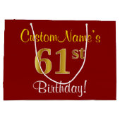 Elegant, rood, Faux Gold 61st verjaardag; Naam op  Groot Cadeauzakje (Achterkant)