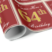 Elegant, rood, Faux Gold 64th Birthday; Naam op ma Cadeaupapier (Rol Hoek)