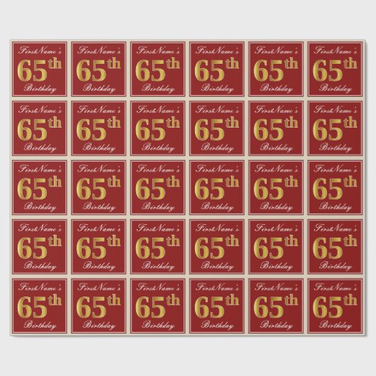 Elegant, rood, Faux Gold 65th Birthday; Naam op ma Cadeaupapier (Vlak)