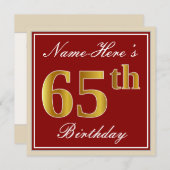 Elegant, rood, Faux Gold 65th Birthday; Naam op ma Kaart (Voorkant / Achterkant)