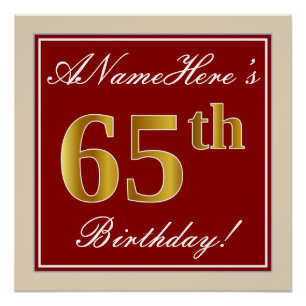 Elegant, rood, Faux Gold 65th Birthday; Naam op ma Poster