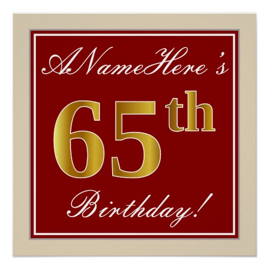 Elegant, rood, Faux Gold 65th Birthday; Naam op ma Poster (Voorkant)