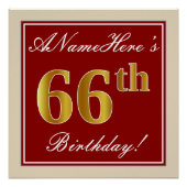 Elegant, rood, Faux Gold 66th Birthday; Naam op ma Poster (Voorkant)