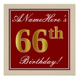 Elegant, rood, Faux Gold 66th Birthday; Naam op ma Poster