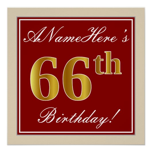Elegant, rood, Faux Gold 66th Birthday; Naam op ma Poster (Voorkant)