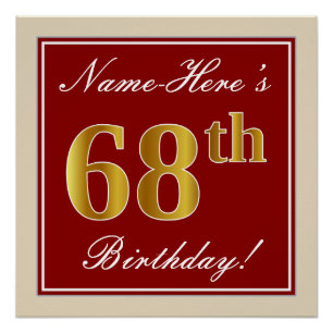 Elegant, rood, Faux Gold 68th Birthday; Naam op ma Perfect Poster