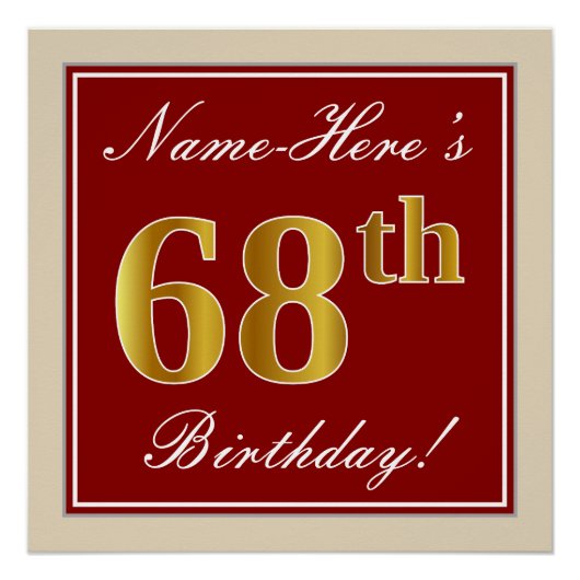 Elegant, rood, Faux Gold 68th Birthday; Naam op ma Perfect Poster (Voorkant)