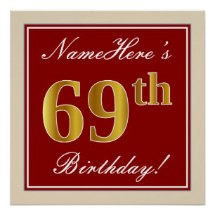 Elegant, rood, Faux Gold 69th Birthday; Naam op ma Perfect Poster