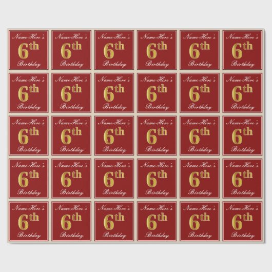Elegant, rood, Faux Gold 6th Birthday + aangepaste Cadeaupapier (Vlak)