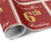 Elegant, rood, Faux Gold 6th Birthday + aangepaste Cadeaupapier (Rol Hoek)