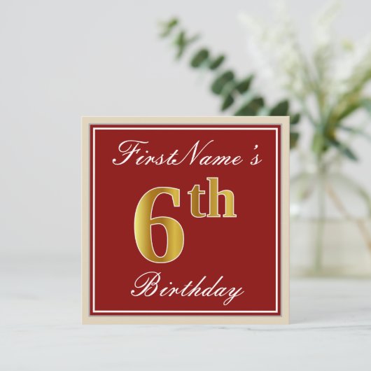 Elegant, rood, Faux Gold 6th Birthday + aangepaste Kaart (Staand voorkant)
