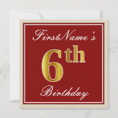 Elegant, rood, Faux Gold 6th Birthday + aangepaste Kaart (Voorkant)