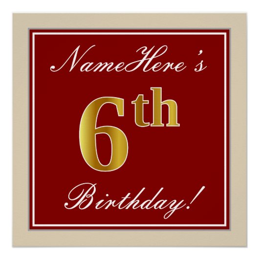 Elegant, rood, Faux Gold 6th Birthday + aangepaste Poster (Voorkant)