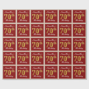Elegant, rood, Faux Gold 70th Birthday; Naam op ma Cadeaupapier