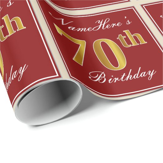 Elegant, rood, Faux Gold 70th Birthday; Naam op ma Cadeaupapier (Rol Hoek)