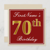 Elegant, rood, Faux Gold 70th Birthday; Naam op ma Kaart (Voorkant / Achterkant)