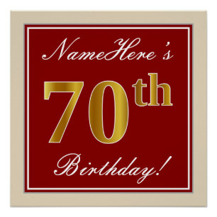 Elegant, rood, Faux Gold 70th Birthday; Naam op ma Poster
