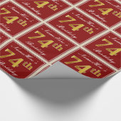 Elegant, rood, Faux Gold 74th Birthday; Naam op ma Cadeaupapier (Hoek)