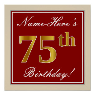 Elegant, rood, Faux Gold 75th Birthday; Naam op ma Poster