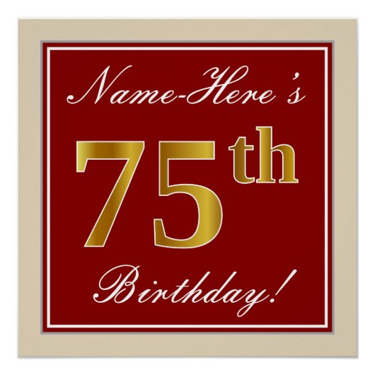 Elegant, rood, Faux Gold 75th Birthday; Naam op ma Poster (Voorkant)