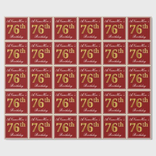 Elegant, rood, Faux Gold 76th Birthday; Naam op ma Cadeaupapier (Vlak)
