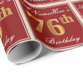Elegant, rood, Faux Gold 76th Birthday; Naam op ma Cadeaupapier (Rol Hoek)