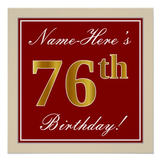 Elegant, rood, Faux Gold 76th Birthday; Naam op ma Poster (Voorkant)