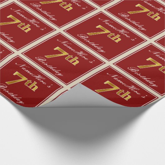 Elegant, rood, Faux Gold 7th Birthday + aangepaste Cadeaupapier (Hoek)