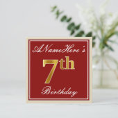 Elegant, rood, Faux Gold 7th Birthday + aangepaste Kaart (Staand voorkant)