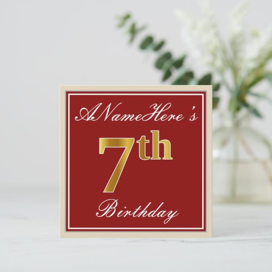 Elegant, rood, Faux Gold 7th Birthday + aangepaste Kaart (Staand voorkant)