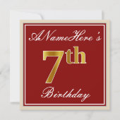 Elegant, rood, Faux Gold 7th Birthday + aangepaste Kaart (Voorkant)