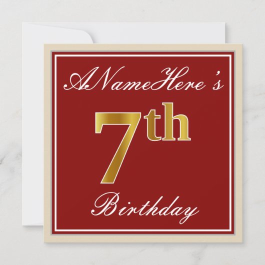 Elegant, rood, Faux Gold 7th Birthday + aangepaste Kaart (Voorkant)