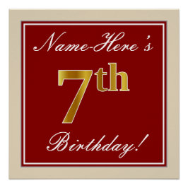 Elegant, rood, Faux Gold 7th Birthday + aangepaste Poster