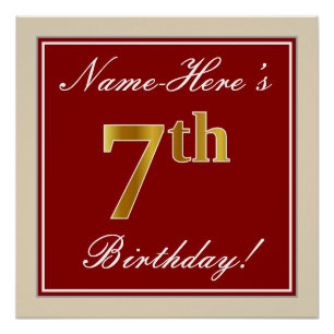 Elegant, rood, Faux Gold 7th Birthday + aangepaste Poster